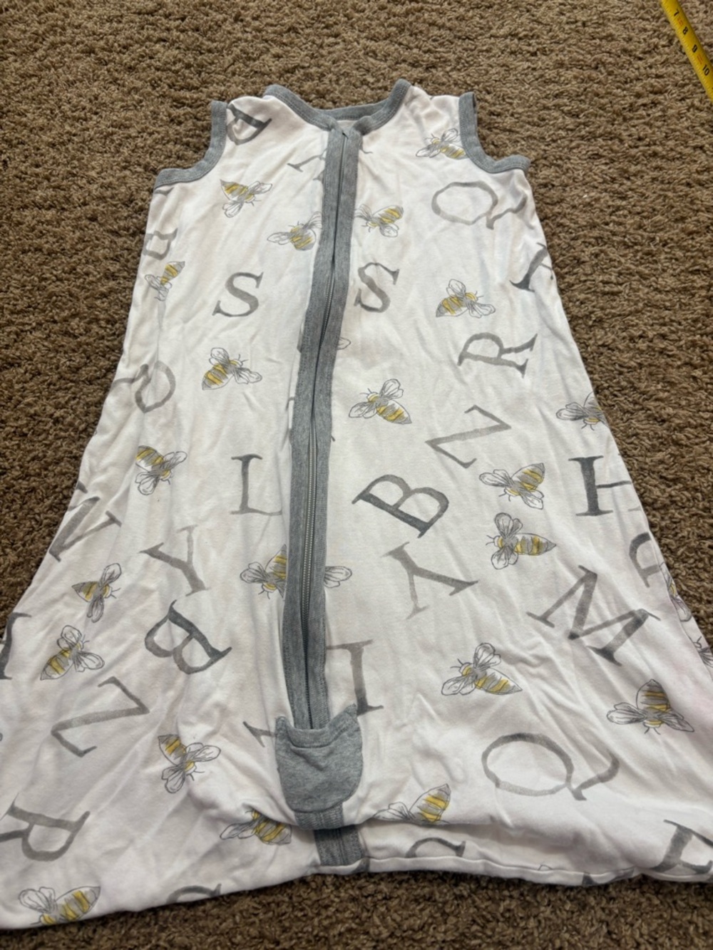 White Bee & Alphabet Stretch Sleep Sack with Gray Trim